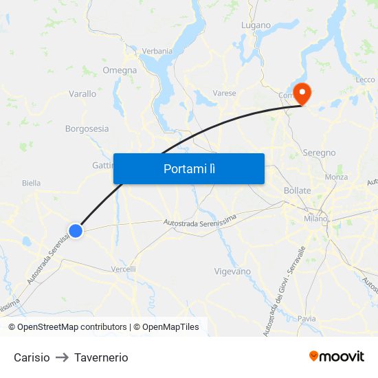 Carisio to Tavernerio map