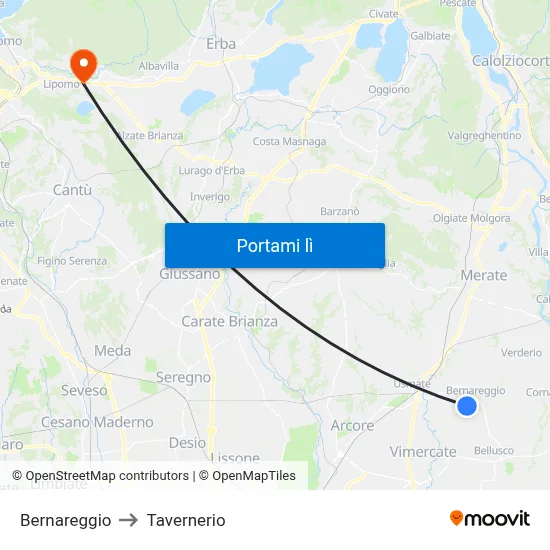 Bernareggio to Tavernerio map