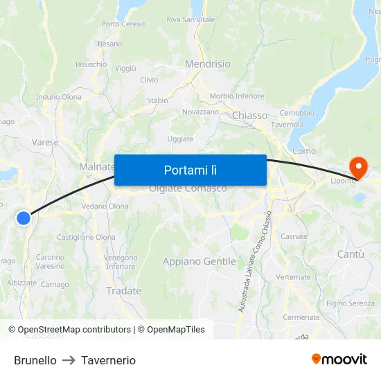 Brunello to Tavernerio map