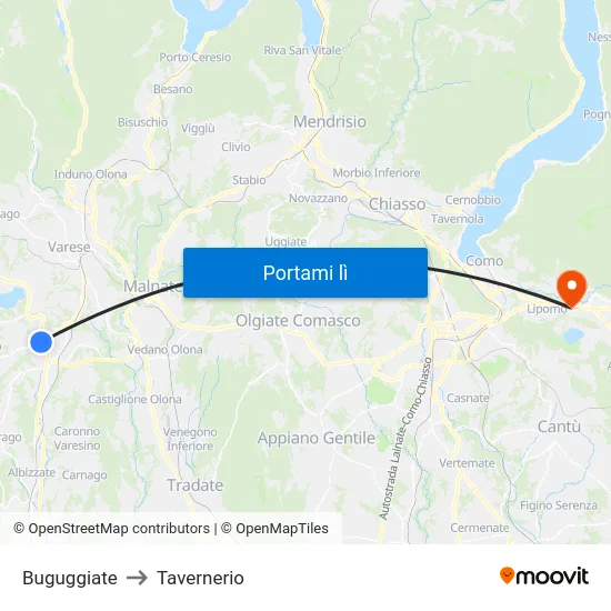 Buguggiate to Tavernerio map