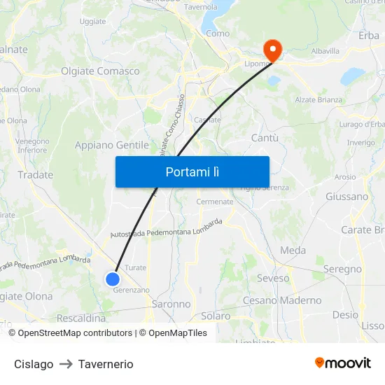 Cislago to Tavernerio map