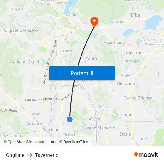Cogliate to Tavernerio map