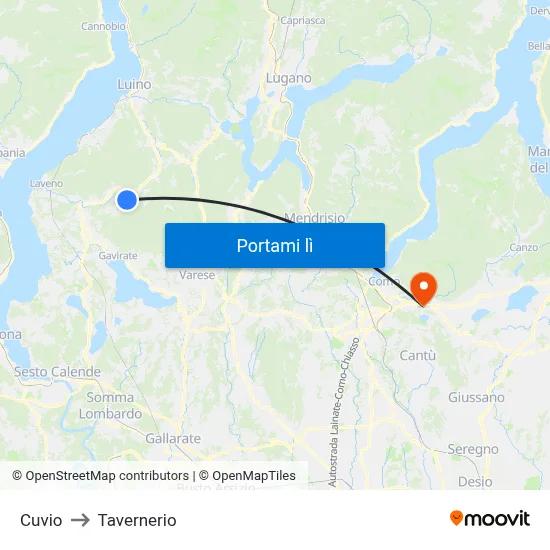 Cuvio to Tavernerio map
