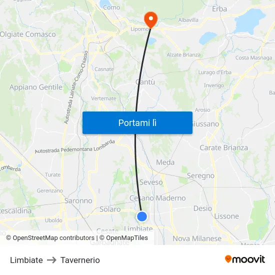 Limbiate to Tavernerio map