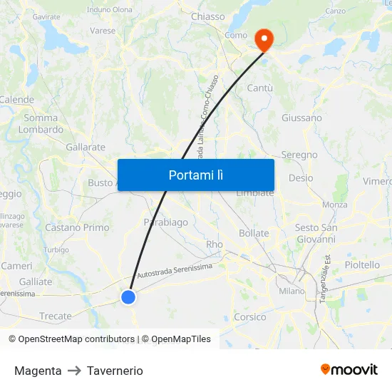 Magenta to Tavernerio map