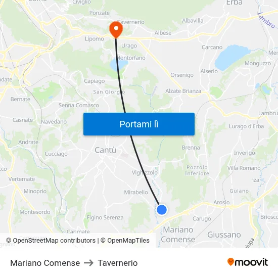 Mariano Comense to Tavernerio map