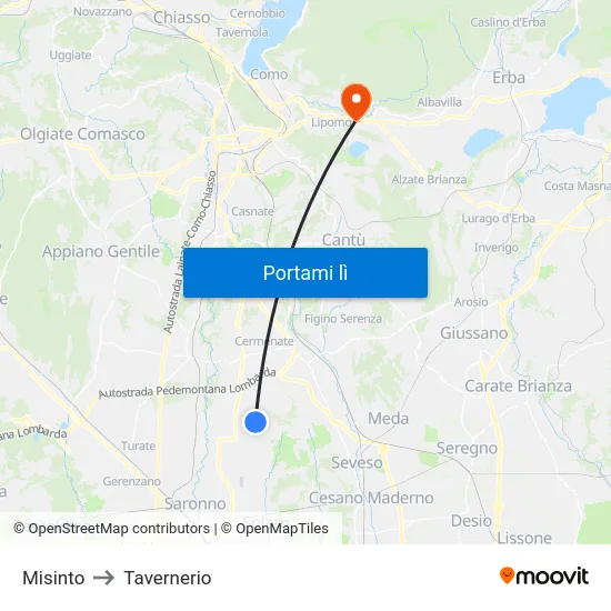 Misinto to Tavernerio map