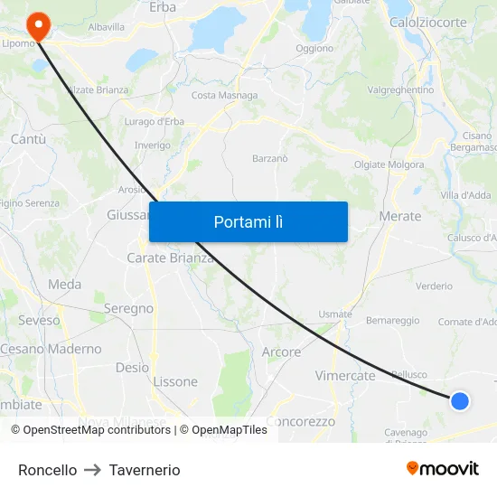 Roncello to Tavernerio map