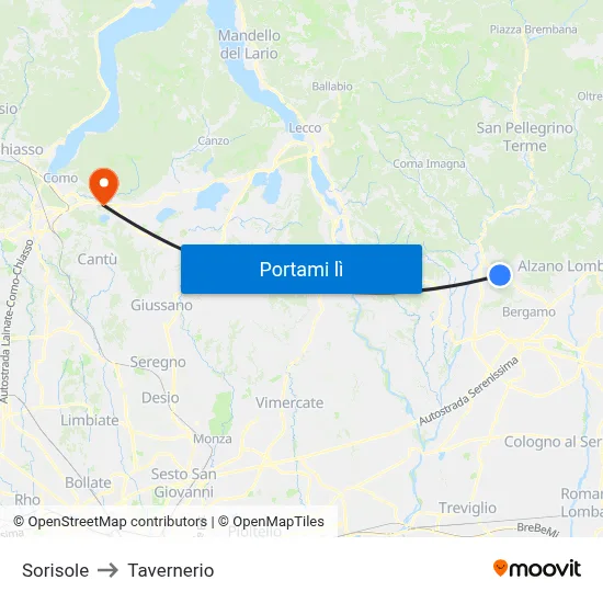 Sorisole to Tavernerio map