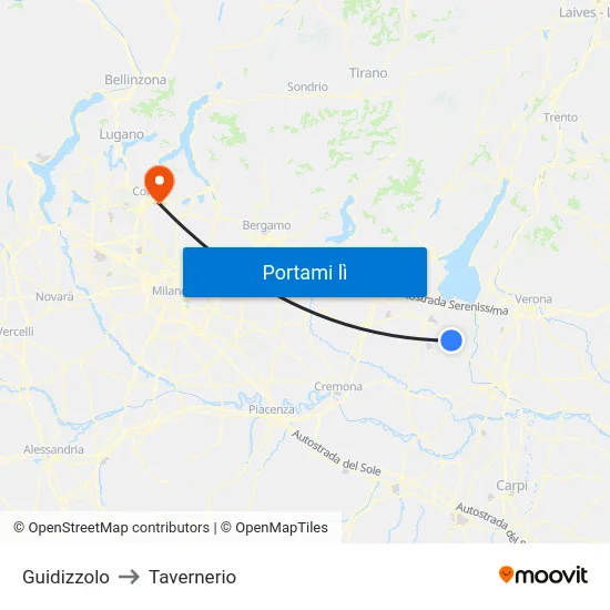 Guidizzolo to Tavernerio map