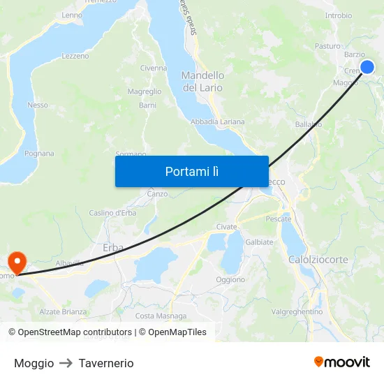Moggio to Tavernerio map