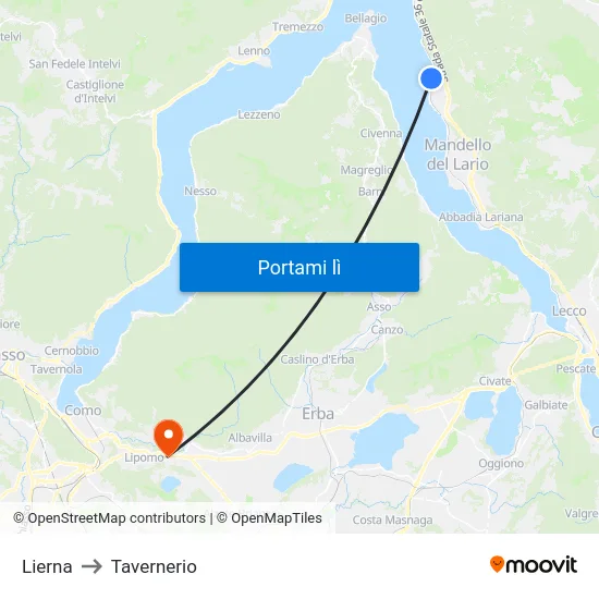 Lierna to Tavernerio map