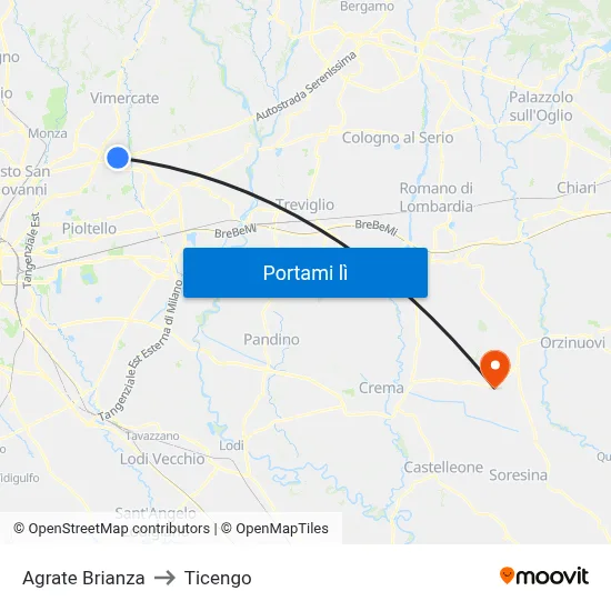 Agrate Brianza to Ticengo map