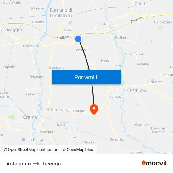 Antegnate to Ticengo map