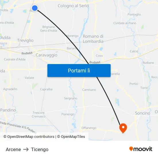 Arcene to Ticengo map