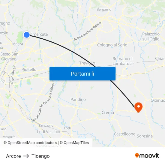 Arcore to Ticengo map