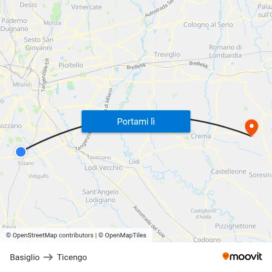 Basiglio to Ticengo map