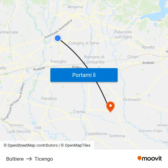 Boltiere to Ticengo map