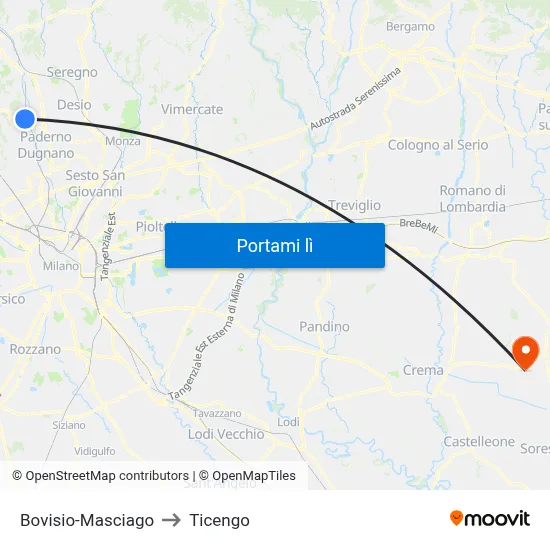 Bovisio-Masciago to Ticengo map