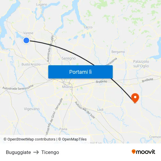 Buguggiate to Ticengo map