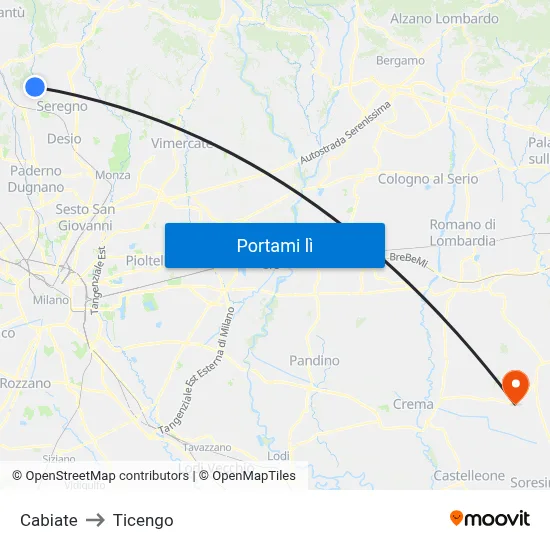 Cabiate to Ticengo map