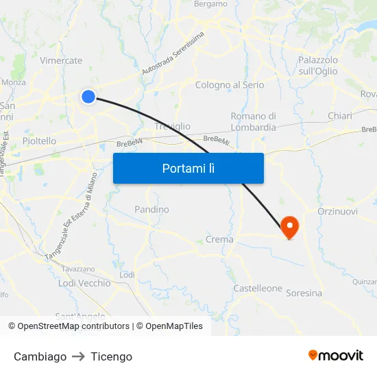 Cambiago to Ticengo map
