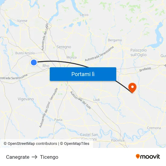 Canegrate to Ticengo map