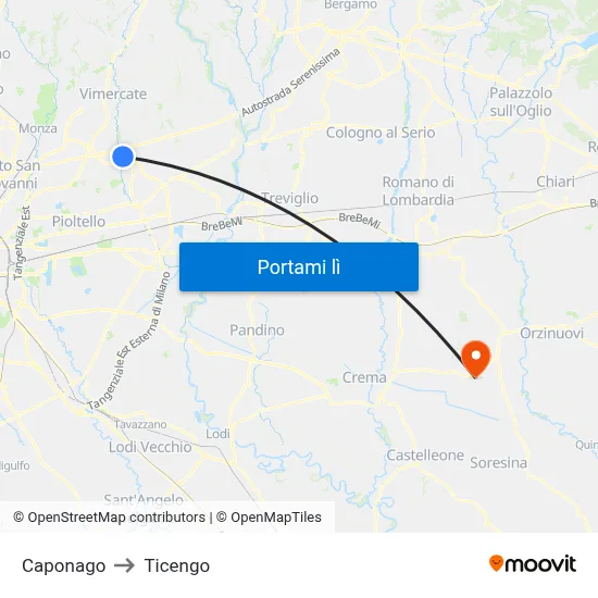 Caponago to Ticengo map