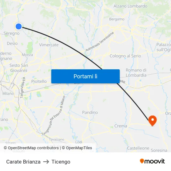 Carate Brianza to Ticengo map