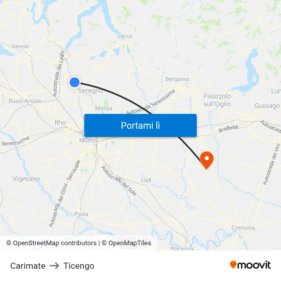 Carimate to Ticengo map