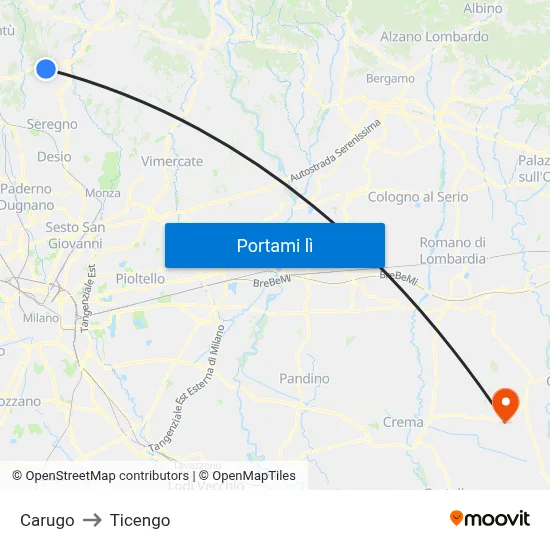 Carugo to Ticengo map