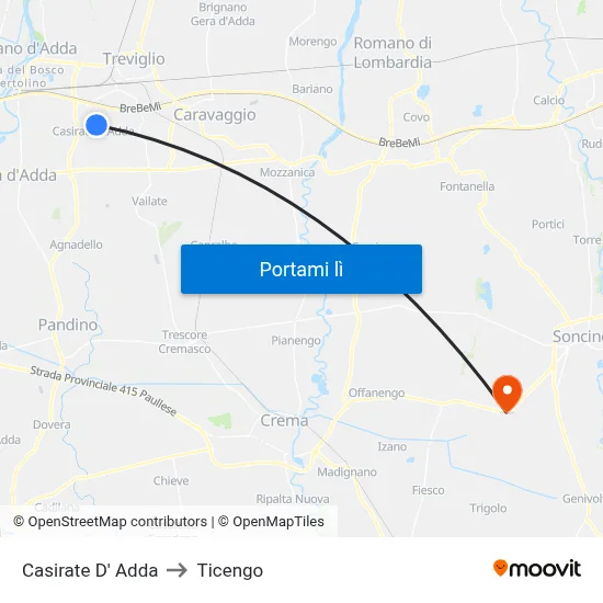Casirate D' Adda to Ticengo map