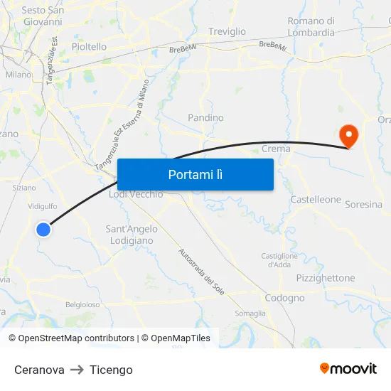 Ceranova to Ticengo map