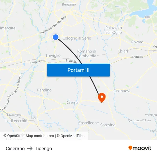 Ciserano to Ticengo map