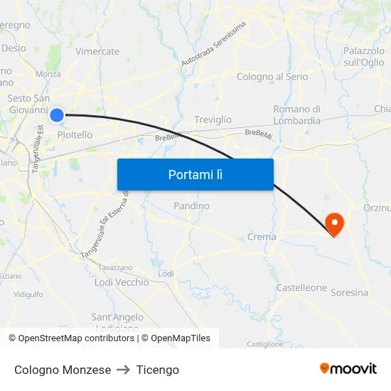 Cologno Monzese to Ticengo map