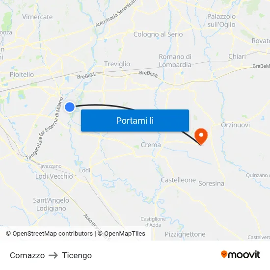 Comazzo to Ticengo map