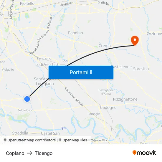 Copiano to Ticengo map