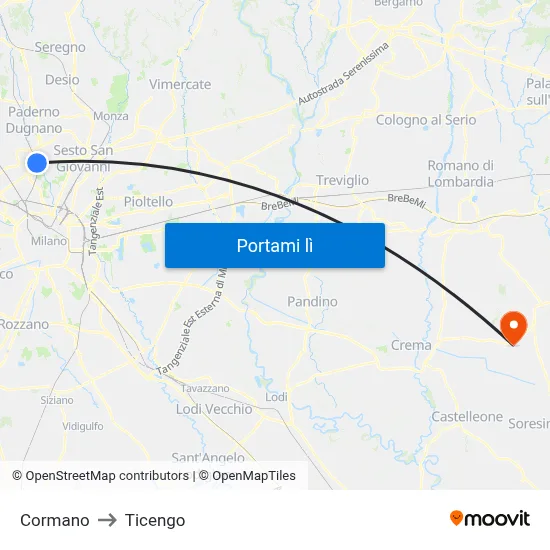 Cormano to Ticengo map