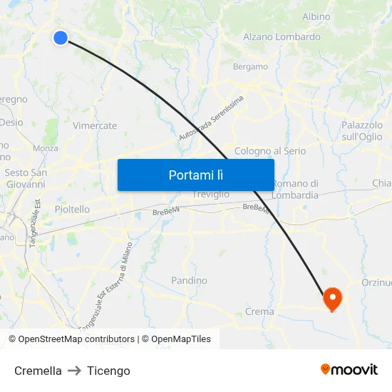 Cremella to Ticengo map