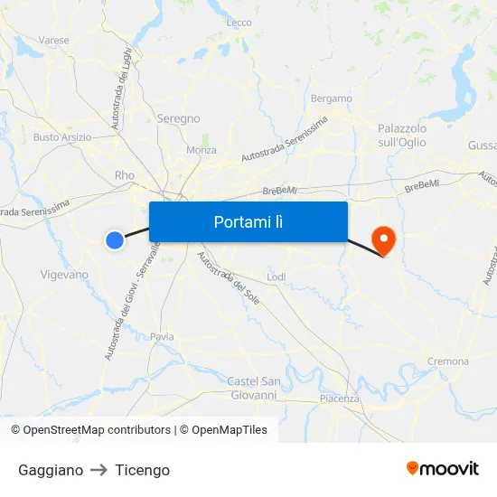 Gaggiano to Ticengo map