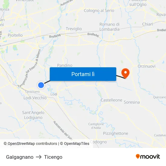 Galgagnano to Ticengo map