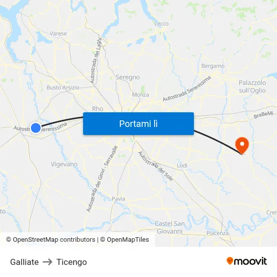 Galliate to Ticengo map