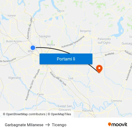 Garbagnate Milanese to Ticengo map