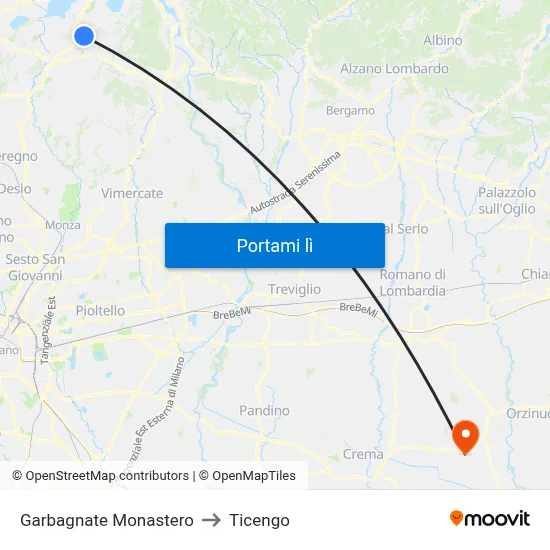 Garbagnate Monastero to Ticengo map