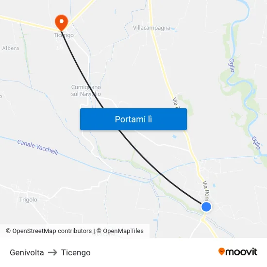 Genivolta to Ticengo map