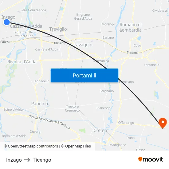 Inzago to Ticengo map