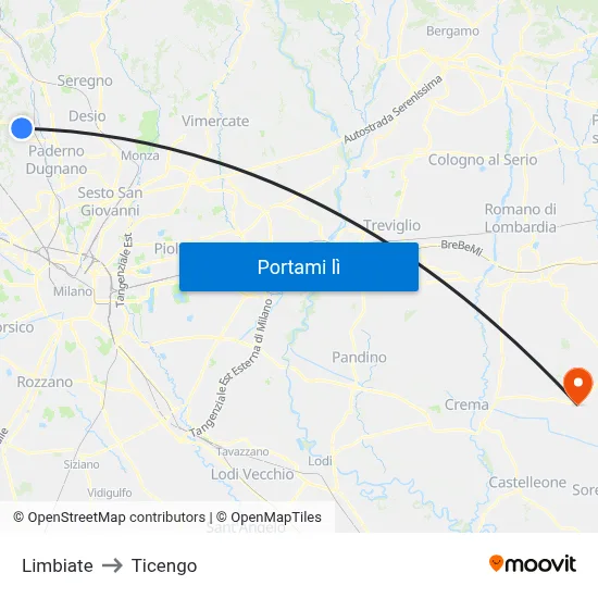 Limbiate to Ticengo map