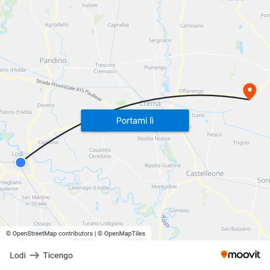 Lodi to Ticengo map