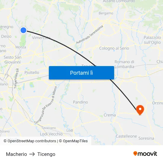 Macherio to Ticengo map