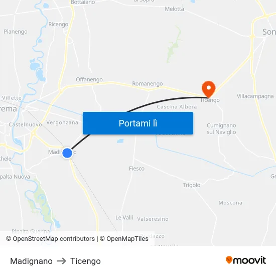 Madignano to Ticengo map